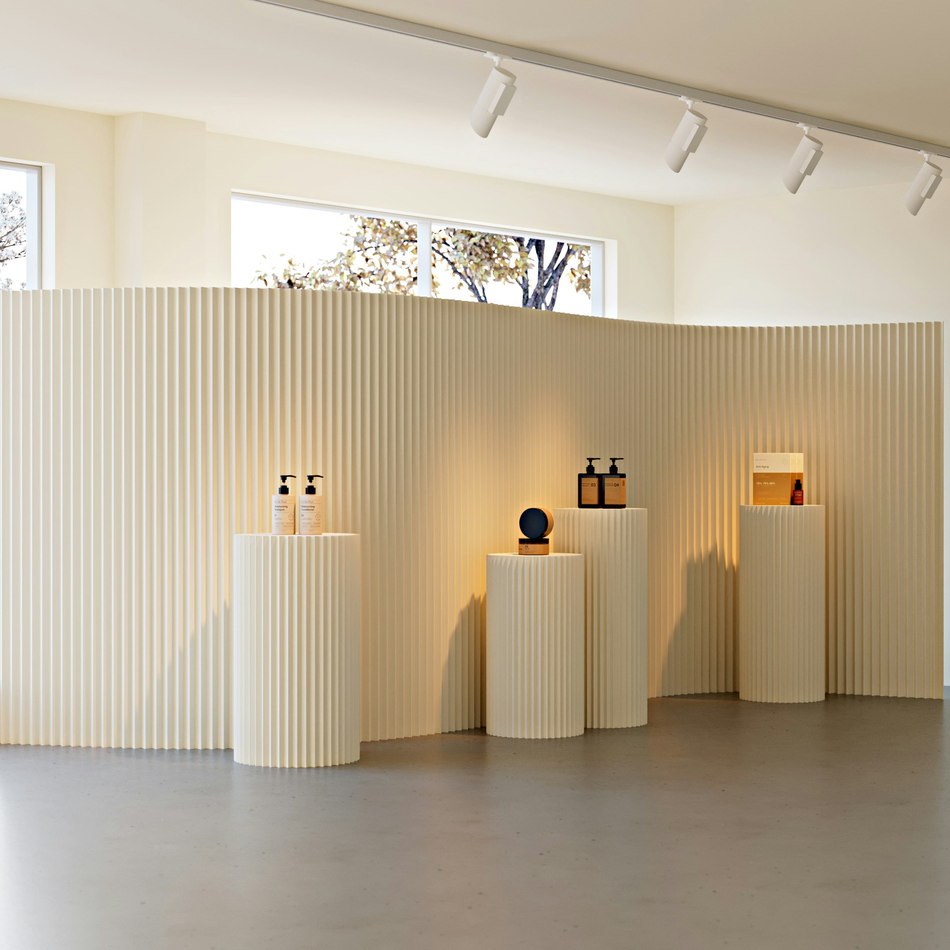 A quiet, warm-neutral skincare interior — editorial stock